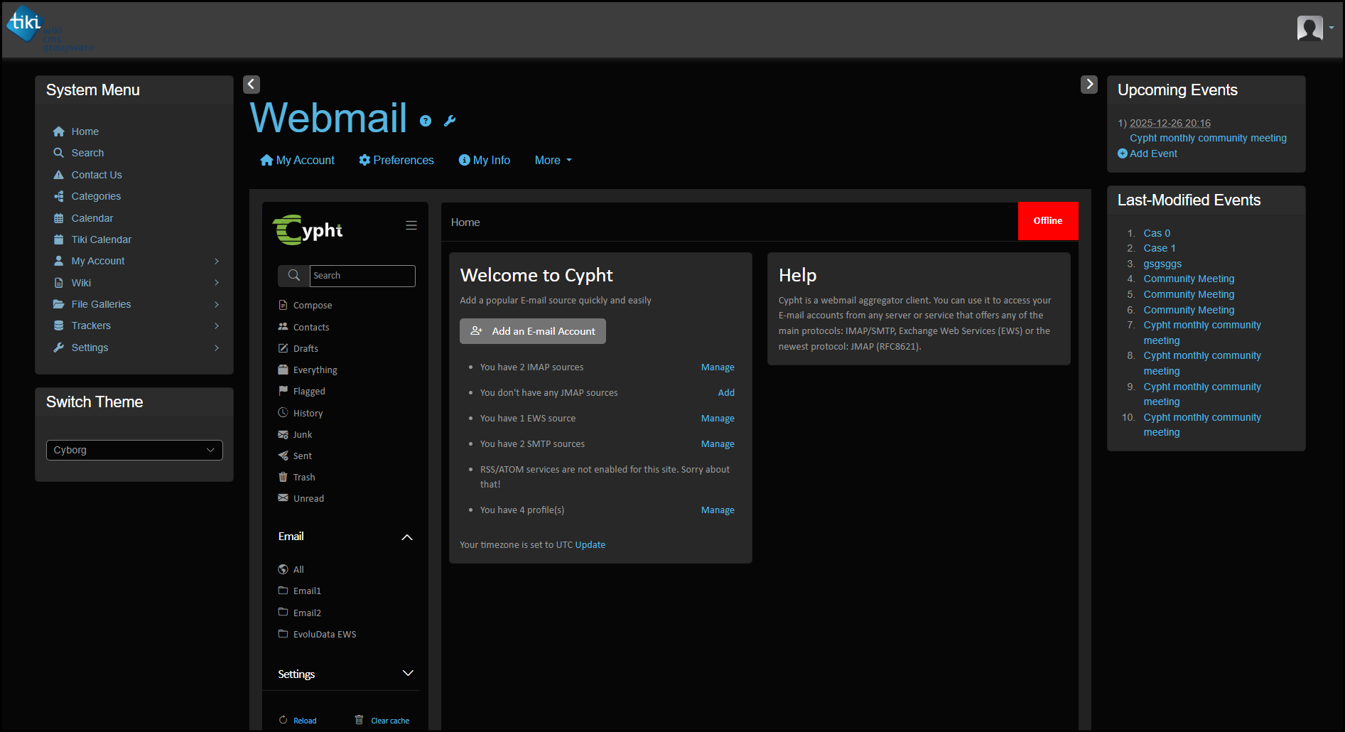 Tiki Webmail interface showing email folders at the home page